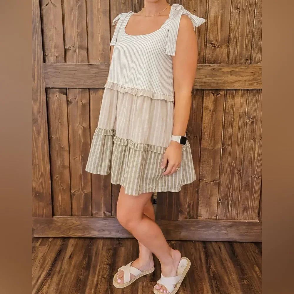 Mine Tan Pinstriped Tiered Boho Dress